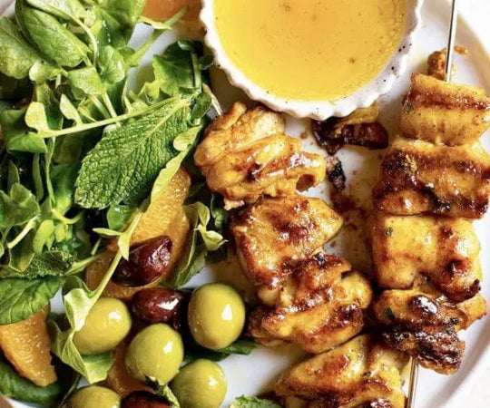 Moroccan Grilled Chicken Skewers with Orange, Olive & Mint Salad Recipe