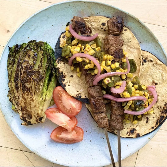 Beef Skewer Tacos with Corn Poblano Salsa Recipe