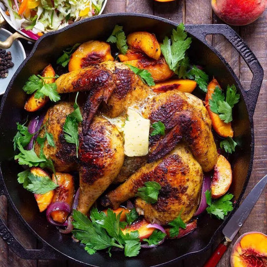 Spatchcocked Mama Manje Roast Chicken with Peaches & Herbs Recipe