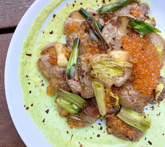 Crispy Smashed Potatoes with Creamy Green Sauce and Trout Roe Recipe