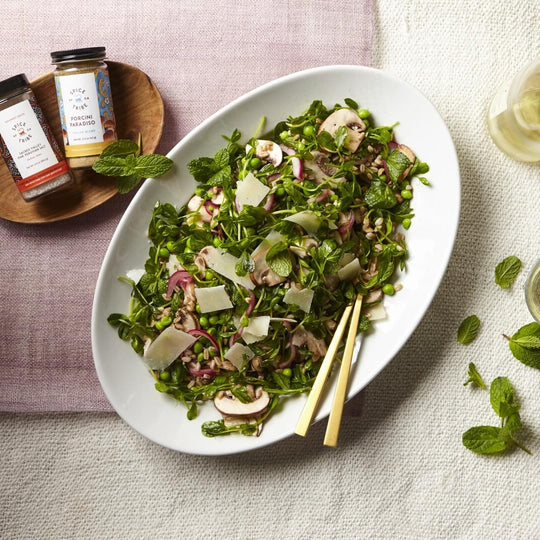 Fresh English Pea Salad with Farro, Pecorino, Mushroom & Mint Recipe