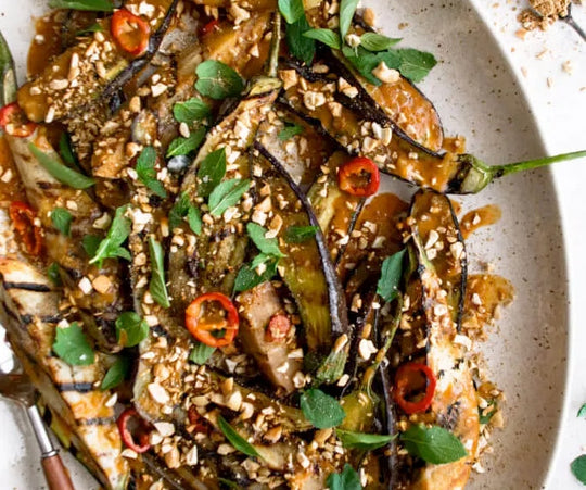 Grilled Eggplant with Red Curry Sauce & Spiced Cashews Recipe