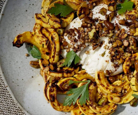 Delicata Squash with Burrata and Toasted Pistachios Recipe