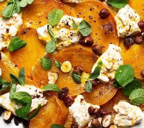 Spiced Golden Beets & Burrata with Hazelnuts, Golden Raisins and White Balsamic Orange Drizzle Recipe