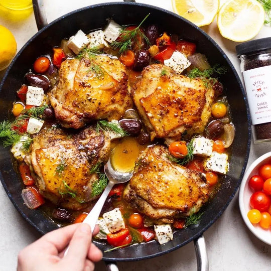 Crispy Spiced Chicken with Olives, Tomatoes & Feta in a Savory Brothy Sauce Recipe