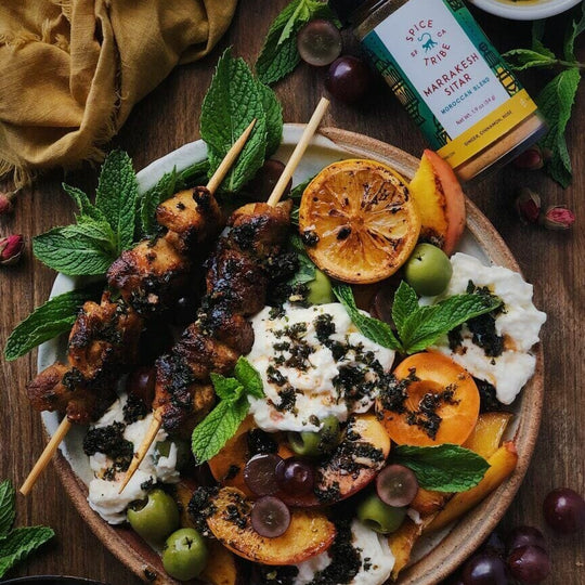 Chicken Skewers with Seared Summer Fruit and Burrata Recipe