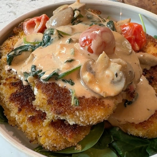 Crispy Breaded Chicken with Creamy Tuscan Mushrooms