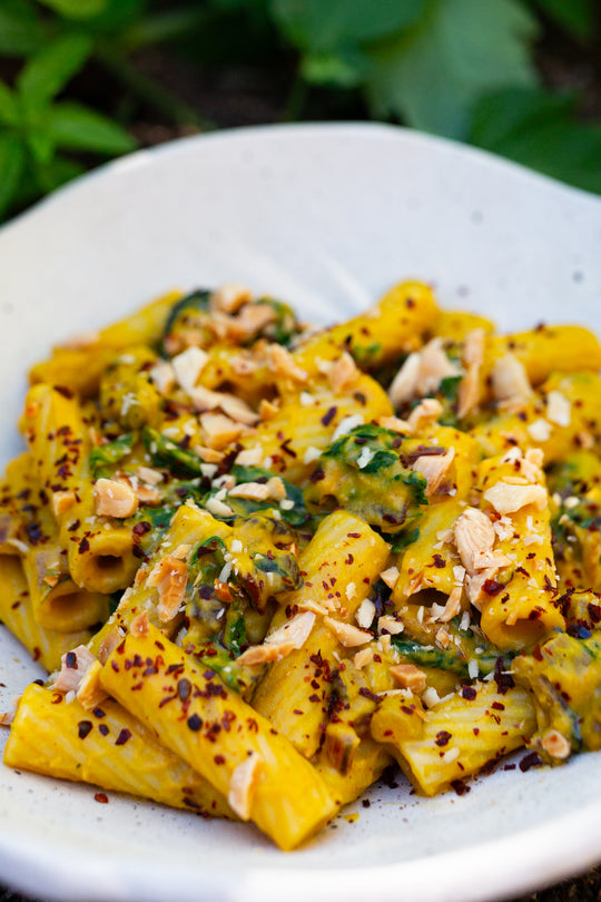 Butternut Squash Pasta with Sautéed Shiitake Mushrooms and Chard