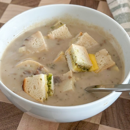 Mushroom Bisque with Pesto Grilled-Cheese Croutons